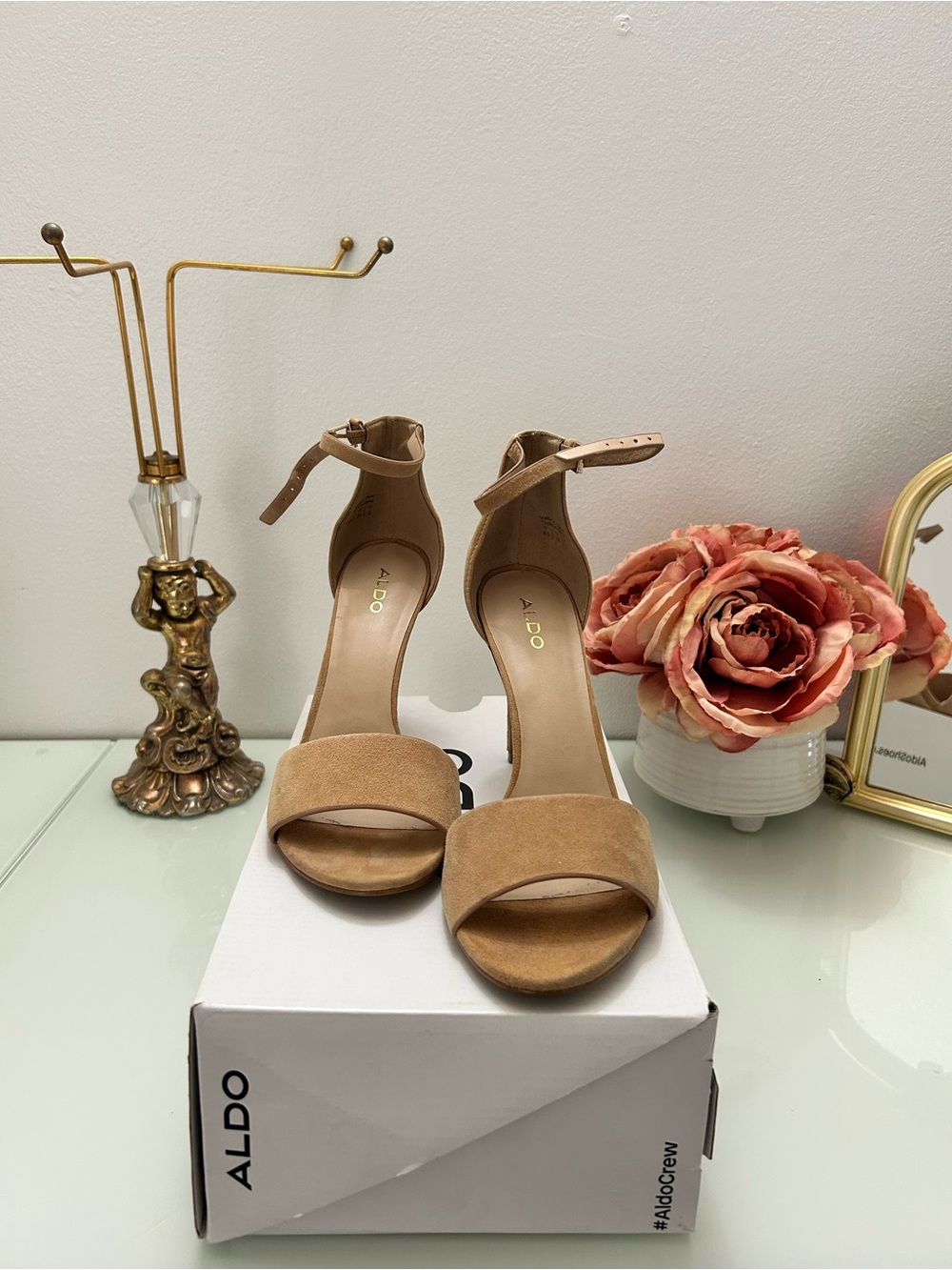 ALDO Tan Suede Open-Toe Ankle-Strap Heels